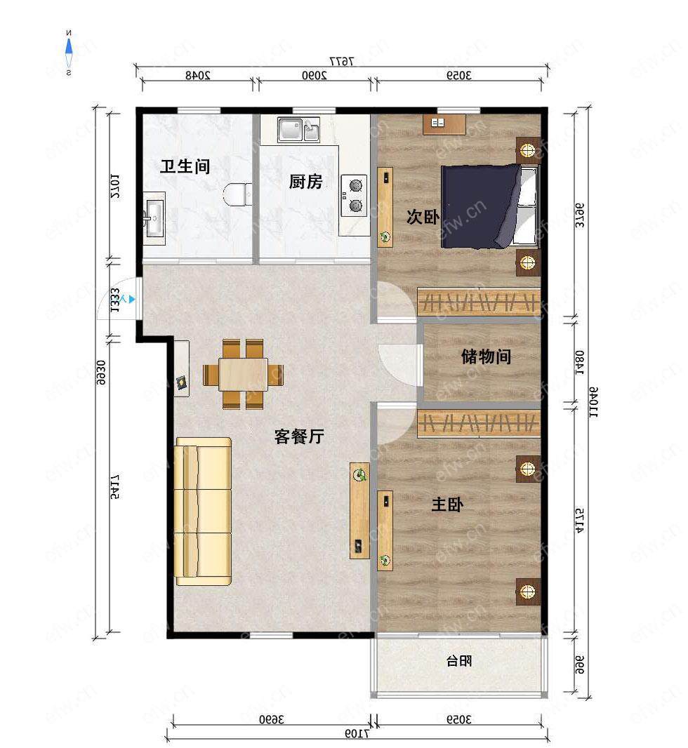 3室1厅1卫房子位于小区中间位置 不过桥 客厅大，户型方正，