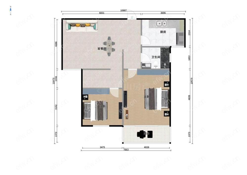 古运五爱苑B区 2室1厅，商品房