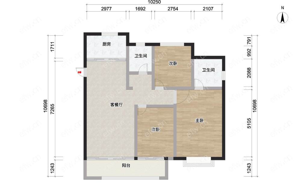 广汇金色华府毛坯房 三房两厅一卫户型