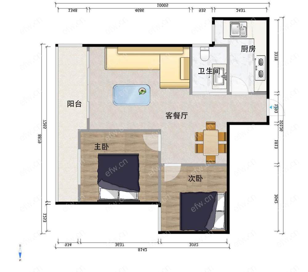 阳光100际新城 2室1厅 58.64平