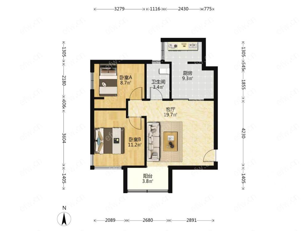 婚装全明东边户2房,瑞星家园（西区40-168） 格局工整合理