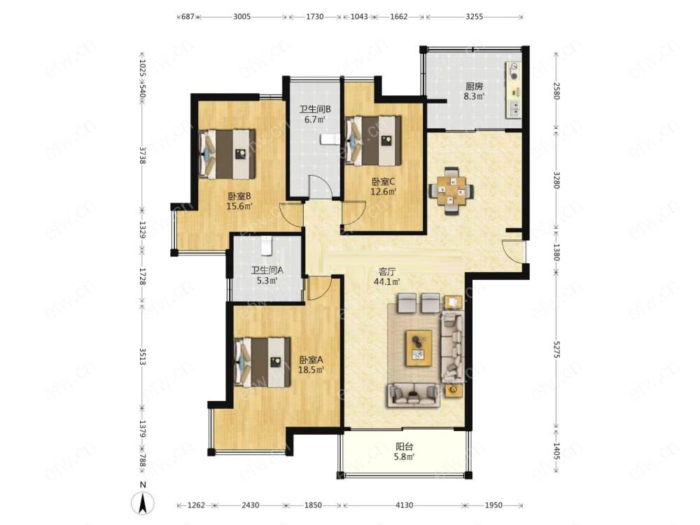 婚装全明3房,阳光城市花园C区 格局工整合理