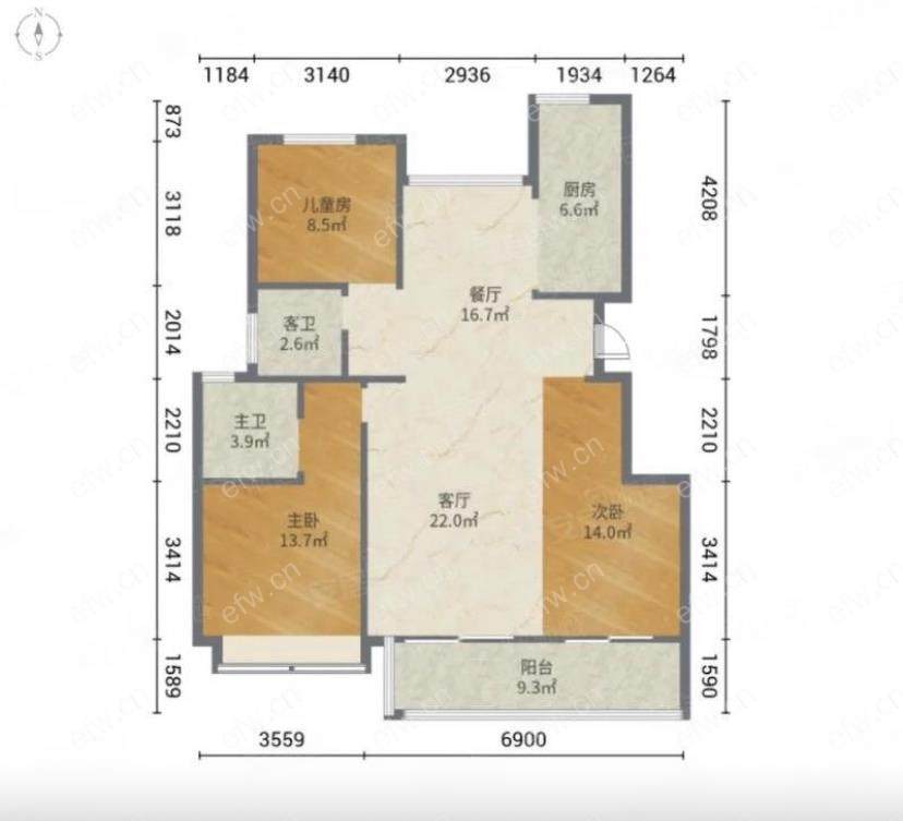 纯毛坯三房飞机户型南北通透