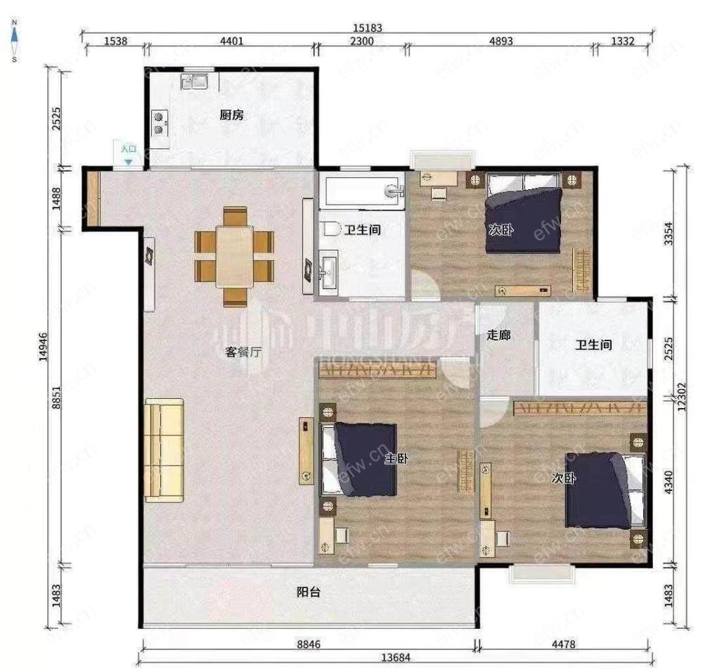 婚装全明东边户3房,融创运河壹号府 格局工整合理