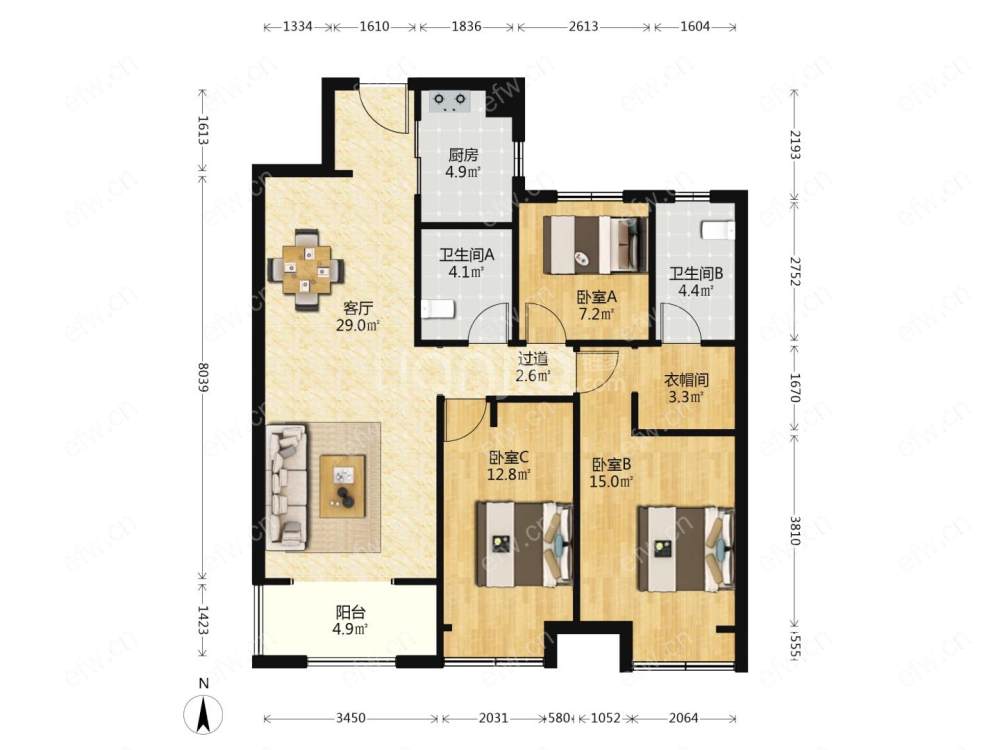 婚装全明东边户3房,融创山湖院墅(溪岸景园一区100-134) 格局工整合理