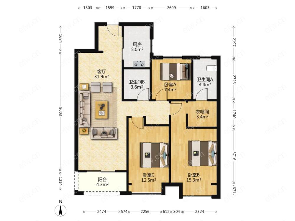 婚装全明东边户3房,融创兰园(溪岸景园二区24-35) 格局工整合理