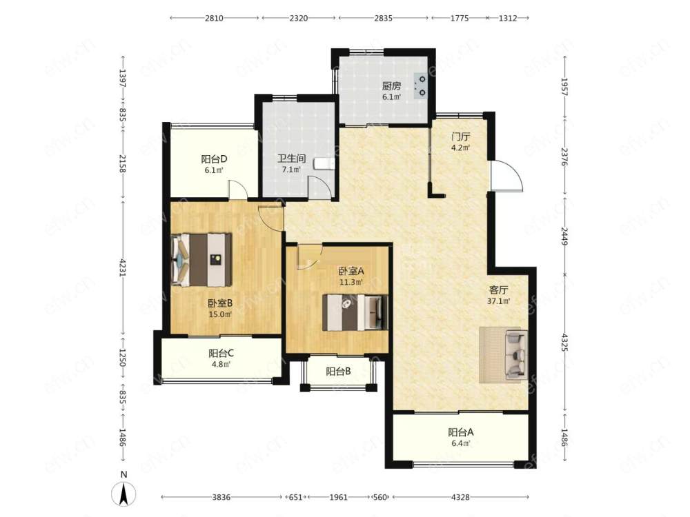精装修多层中的五楼增送三个露台