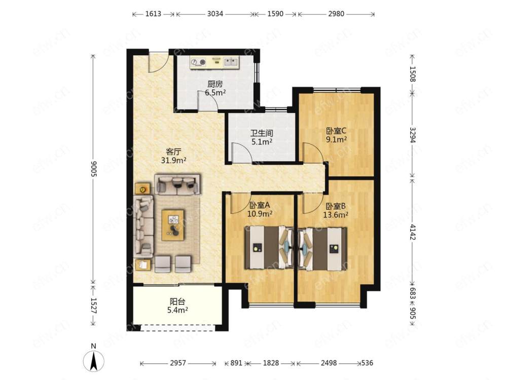 融创荣域(溪岸景园二区50-63) 3室2厅 110.59平